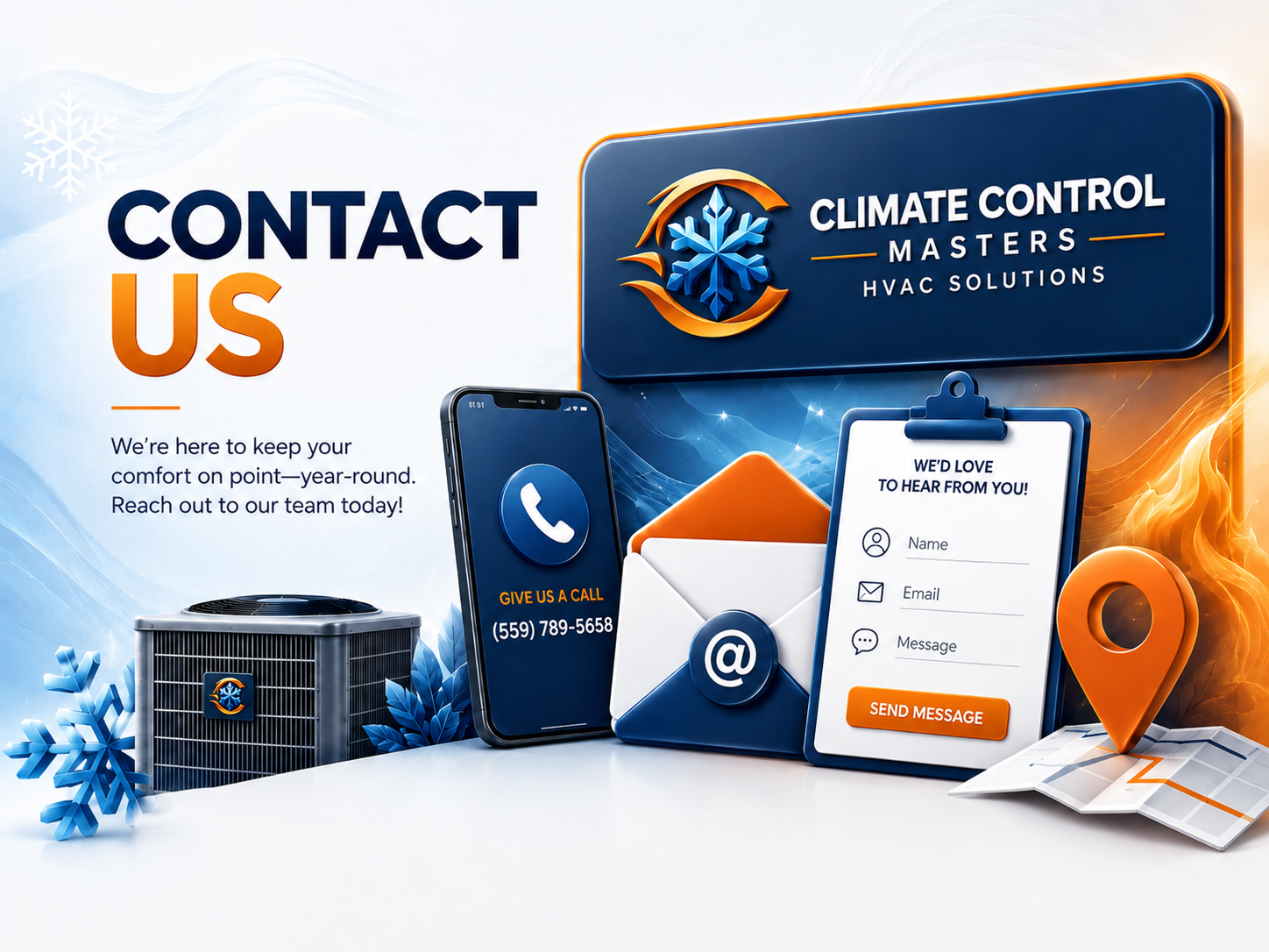 Contact Climate Control Masters graphic with phone number